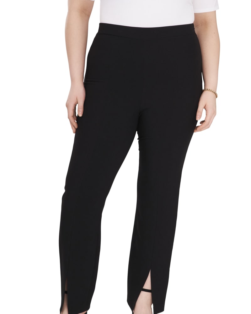 Front of a model wearing a size 14W Iggy Front Slit Pant in RICH BLACK by 1.State. | dia_product_style_image_id:262567